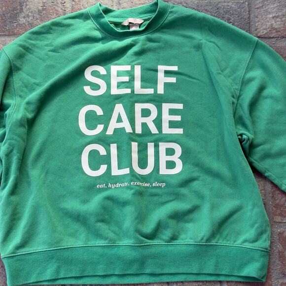 H&M Self Care Club Green Sweatshirt Long Sleeve Cozy Fall Size L - Picture 2 of 7
